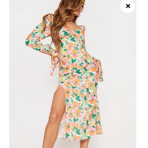Pretty Little Thing Green Floral Print Puff Sleeve Tie Cuff Midi Dress